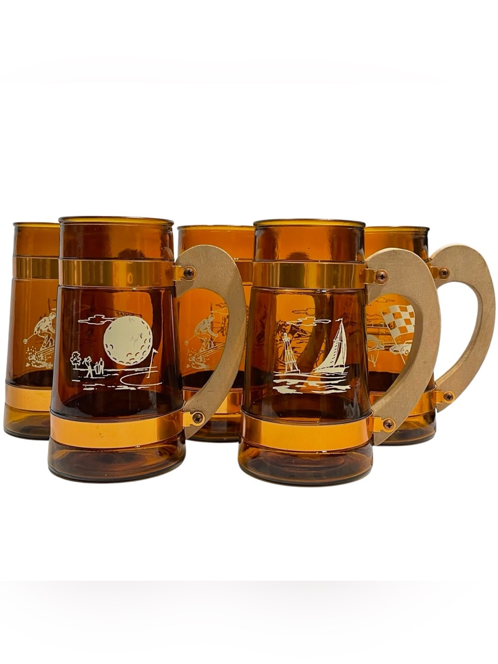 Vintage 1960s Siesta Ware Amber Glass Beer Mugs Set with Wooden Handles (5)